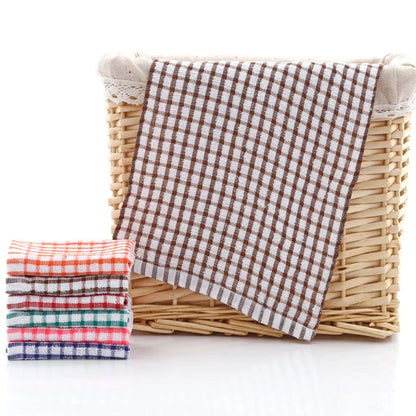 Set of 6 Absorbent Cotton Dish Towels with Plaid Design, Machine Washable