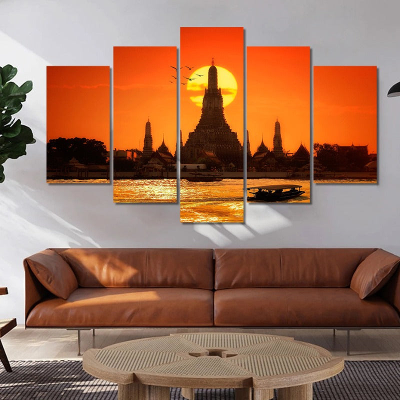 Stunning 5-Piece Canvas Art of the Sunset Temple in Bangkok