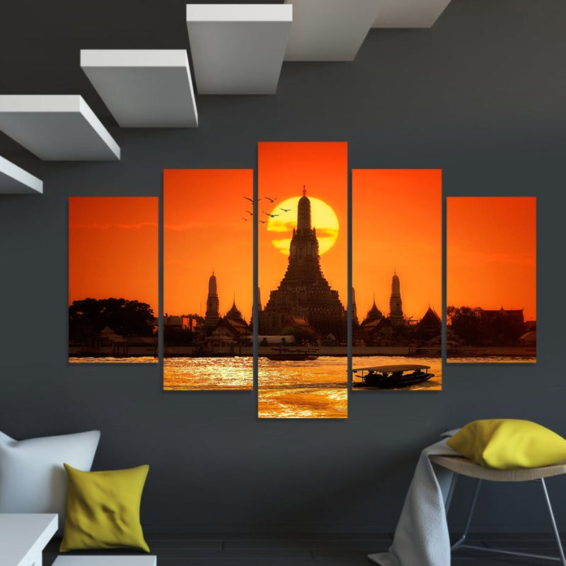 Stunning 5-Piece Canvas Art of the Sunset Temple in Bangkok