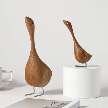 Abstract Teak Wood Goose Couple Sculpture – Nordic Animal Home Decor