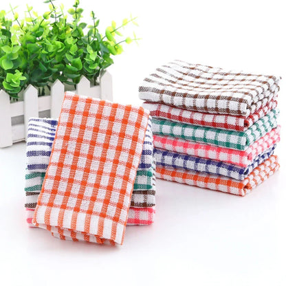 Set of 6 Absorbent Cotton Dish Towels with Plaid Design, Machine Washable