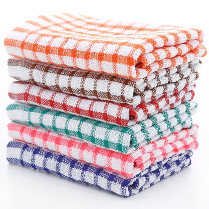 Set of 6 Absorbent Cotton Dish Towels with Plaid Design, Machine Washable