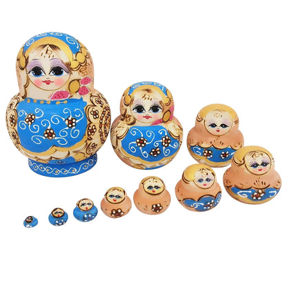Set of 10 Wooden Russian Nesting Dolls - Matryoshka Dolls