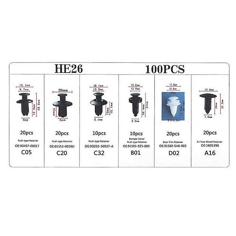 Car Clip Kit with 100 Fastener Pin Rivets for Bumpers