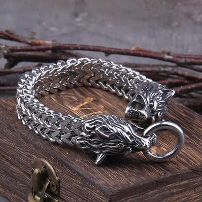 Silver Viking Bracelet with Fenrir Design – Handmade WolfBand
