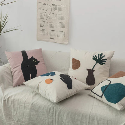 Tufted Pillow Case with Black Cat and Garden Design
