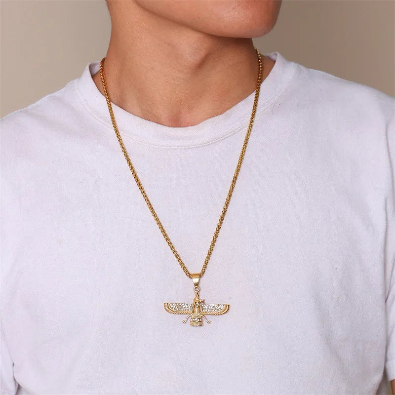 Zoroastrian Pendant Necklace with Rhinestone Ahura Mazda Design