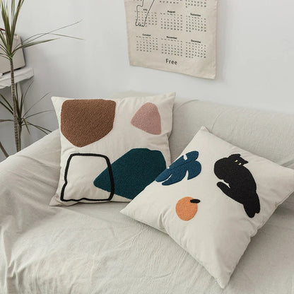 Tufted Pillow Case with Black Cat and Garden Design