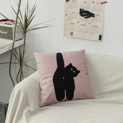 Tufted Pillow Case with Black Cat and Garden Design