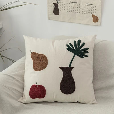 Tufted Pillow Case with Black Cat and Garden Design