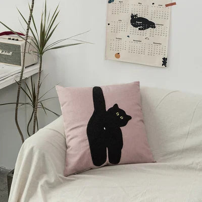 Tufted Pillow Case with Black Cat and Garden Design