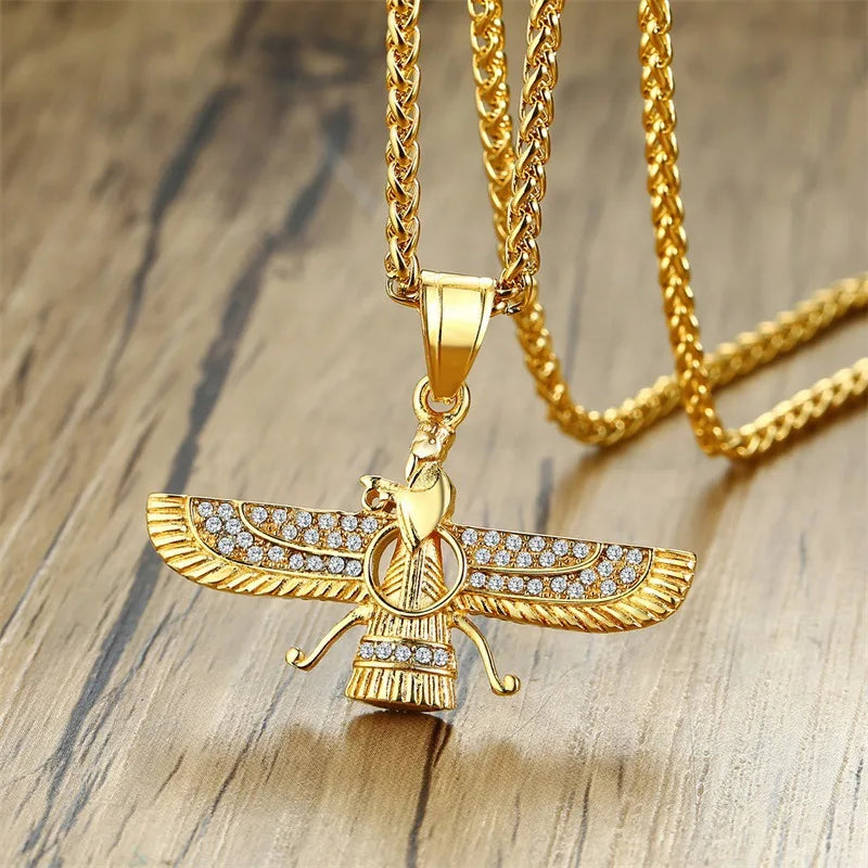 Zoroastrian Pendant Necklace with Rhinestone Ahura Mazda Design
