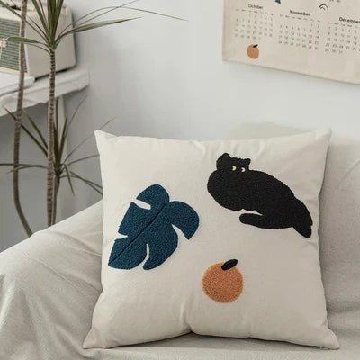 Tufted Pillow Case with Black Cat and Garden Design