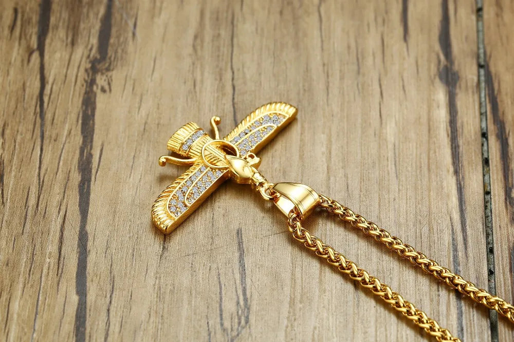 Zoroastrian Pendant Necklace with Rhinestone Ahura Mazda Design
