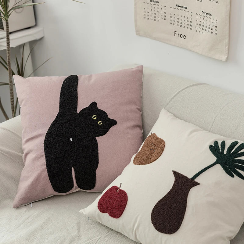 Tufted Pillow Case with Black Cat and Garden Design