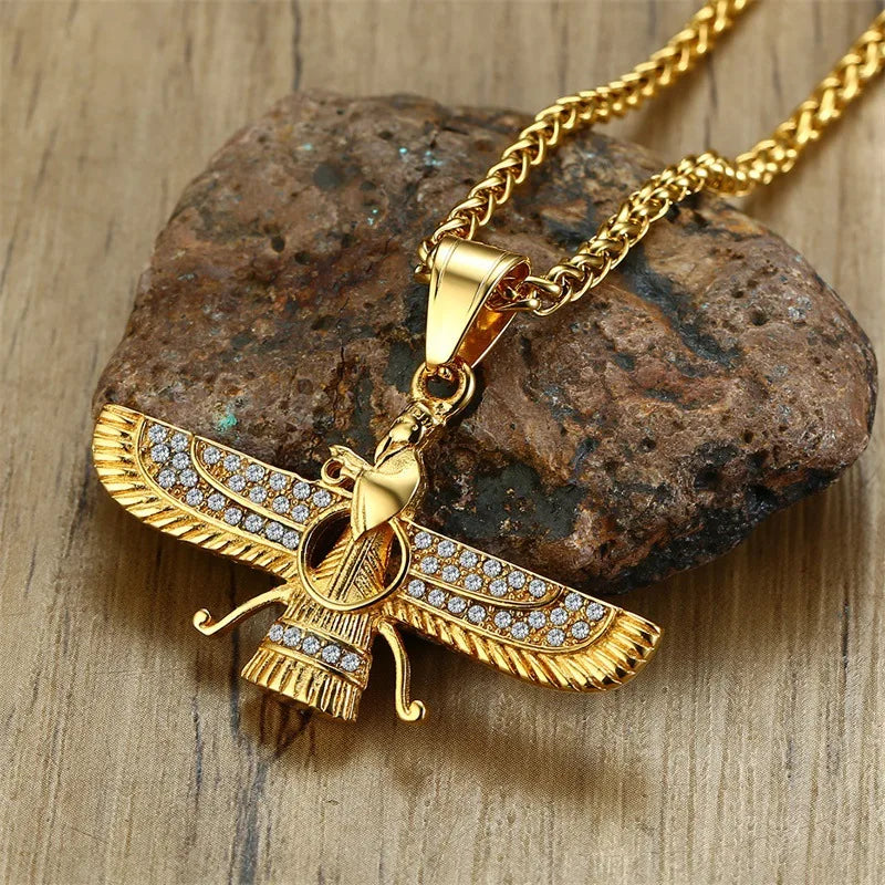 Zoroastrian Pendant Necklace with Rhinestone Ahura Mazda Design
