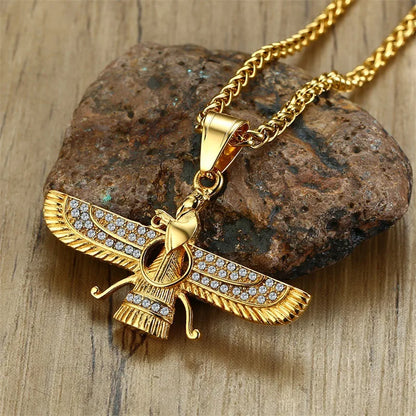 Zoroastrian Pendant Necklace with Rhinestone Ahura Mazda Design