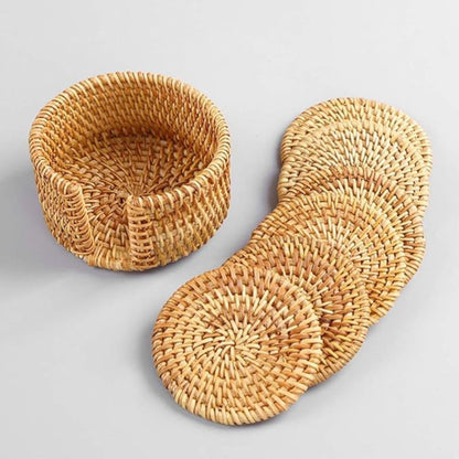 Natural Woven Rattan Coaster Set – 6 Handmade Table Protectors