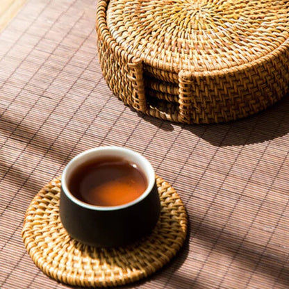 Natural Woven Rattan Coaster Set – 6 Handmade Table Protectors