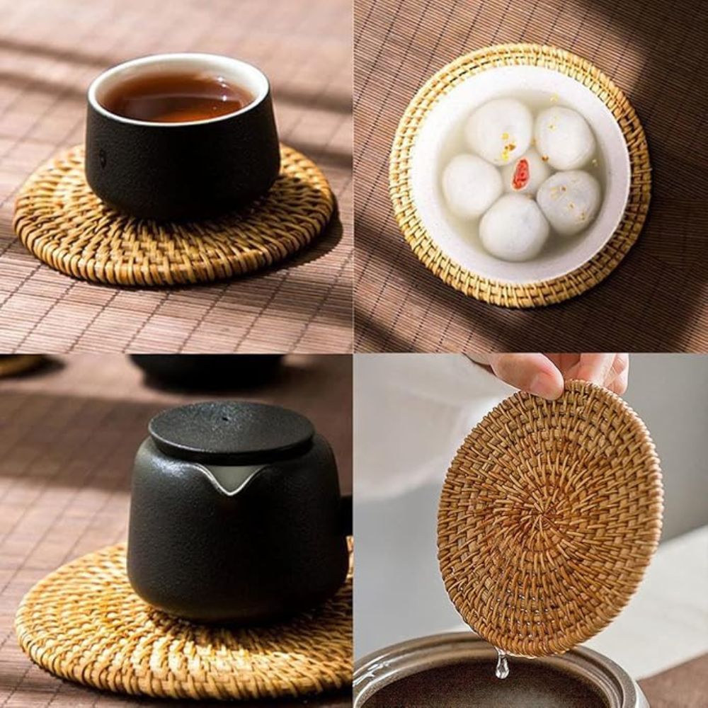 Natural Woven Rattan Coaster Set – 6 Handmade Table Protectors
