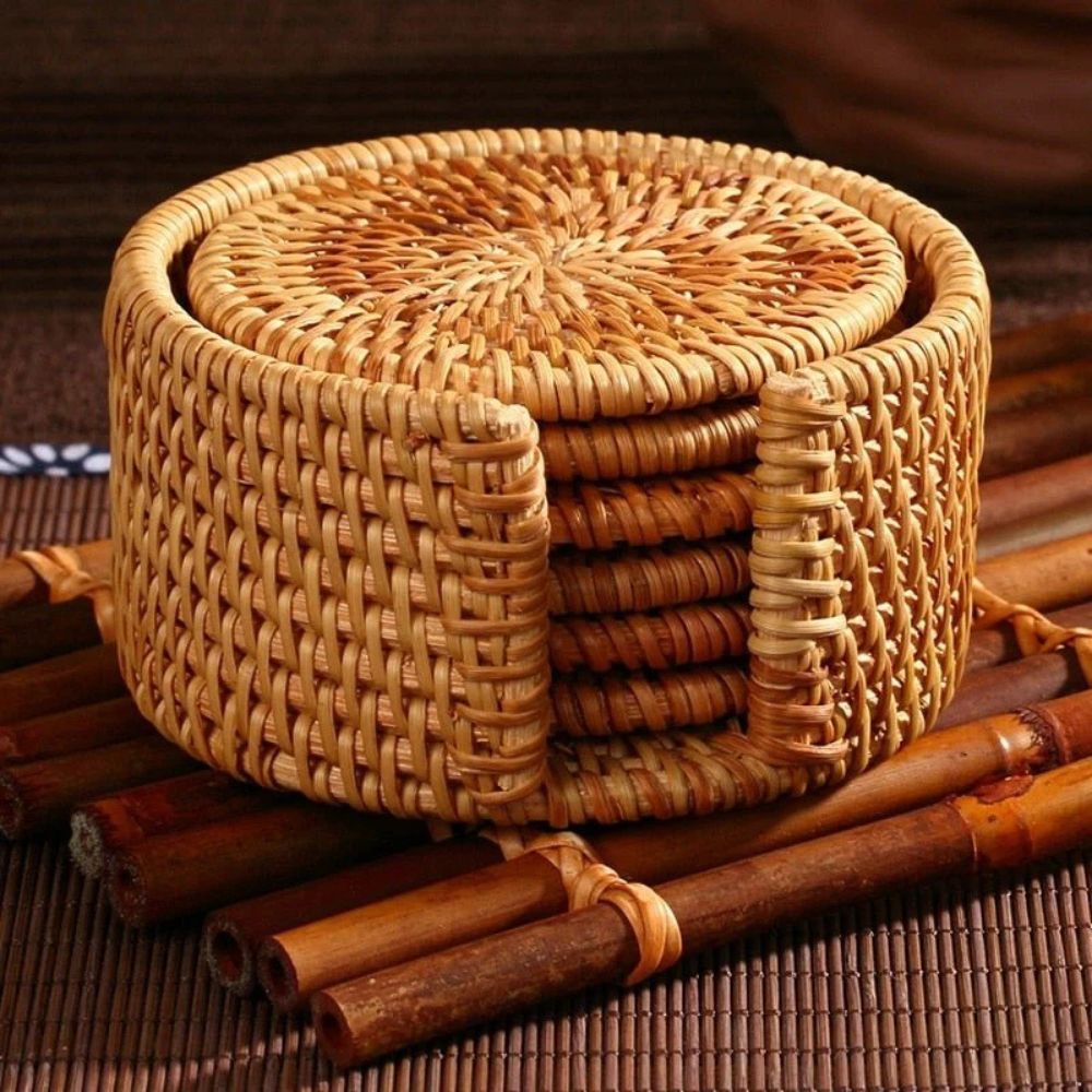 Natural Woven Rattan Coaster Set – 6 Handmade Table Protectors
