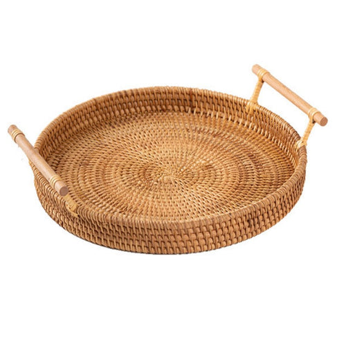 Round Serving Trays Made of Rattan with Wooden Grips