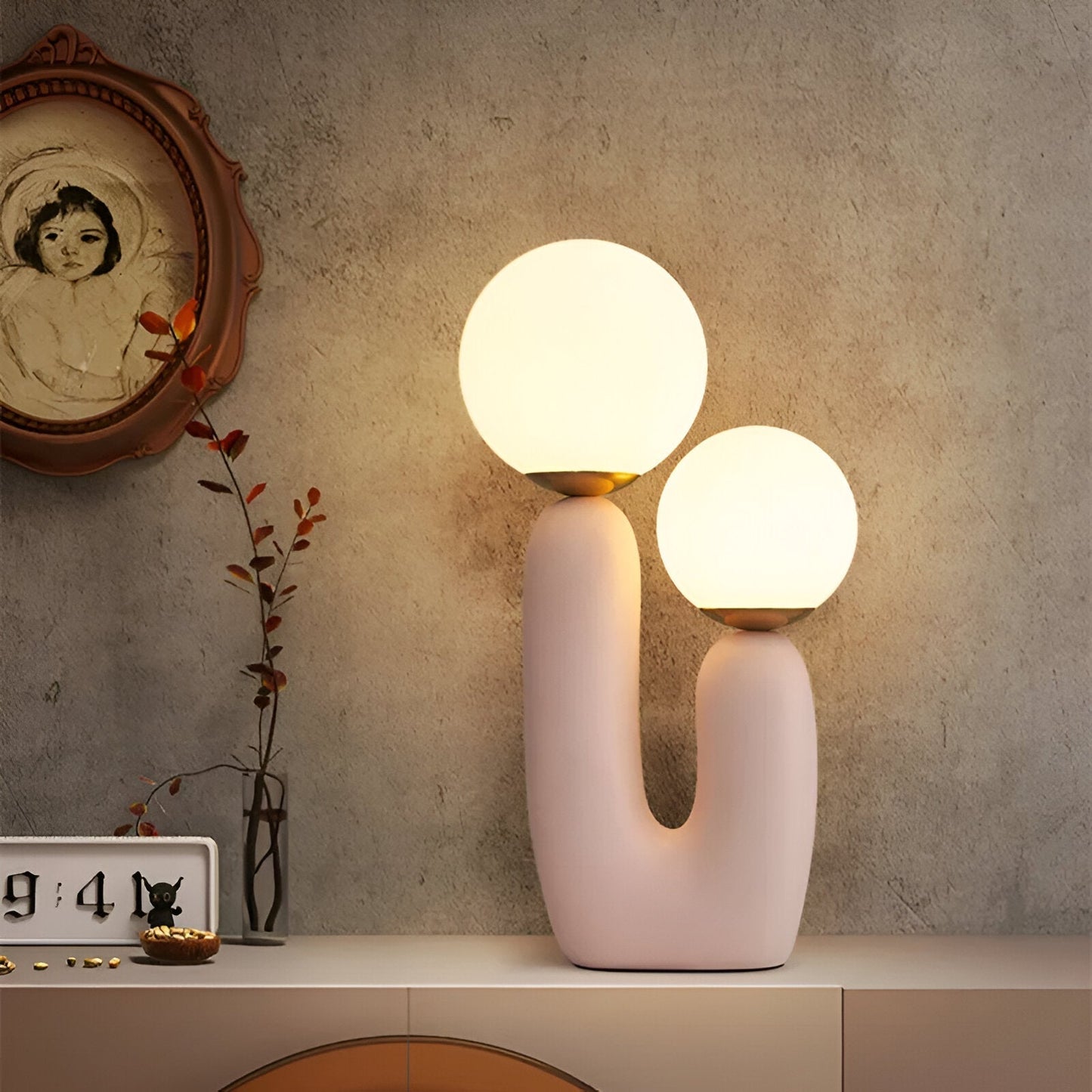 Nordic Table Lamp with Dual Glass Globes and Unique Cactus Design