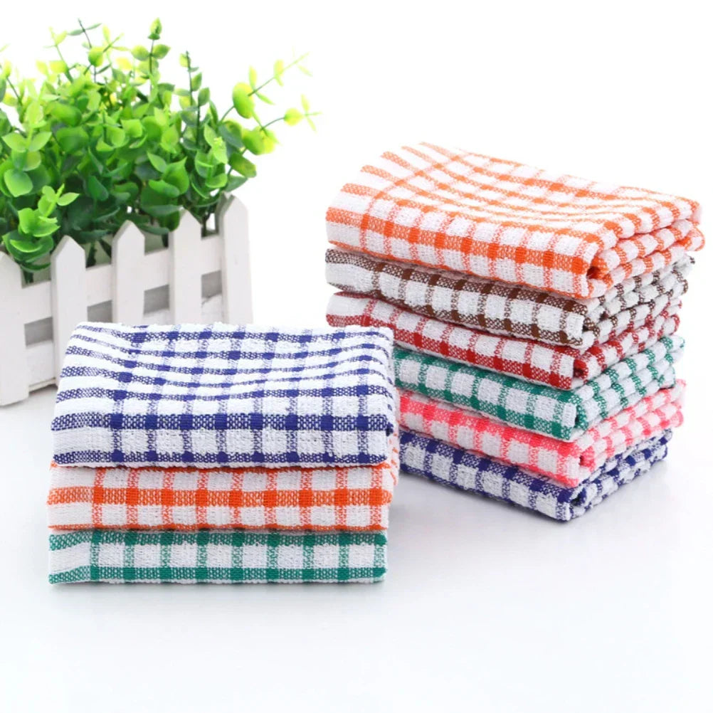 Set of 6 Absorbent Cotton Dish Towels with Plaid Design, Machine Washable