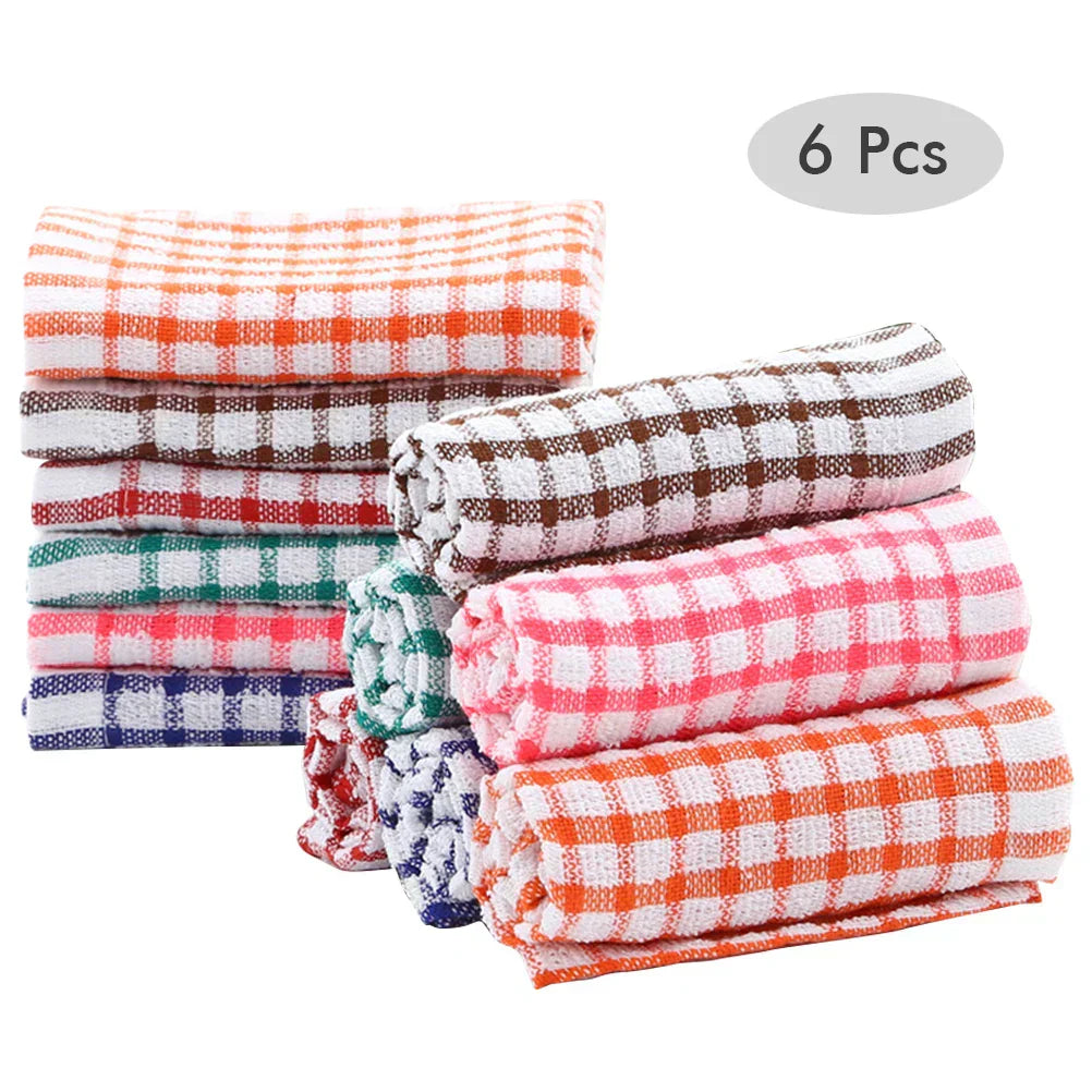 Set of 6 Absorbent Cotton Dish Towels with Plaid Design, Machine Washable