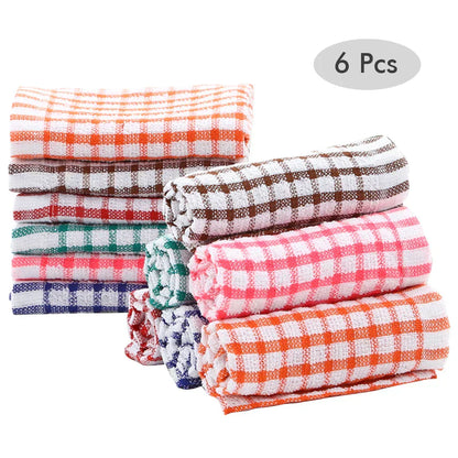Set of 6 Absorbent Cotton Dish Towels with Plaid Design, Machine Washable