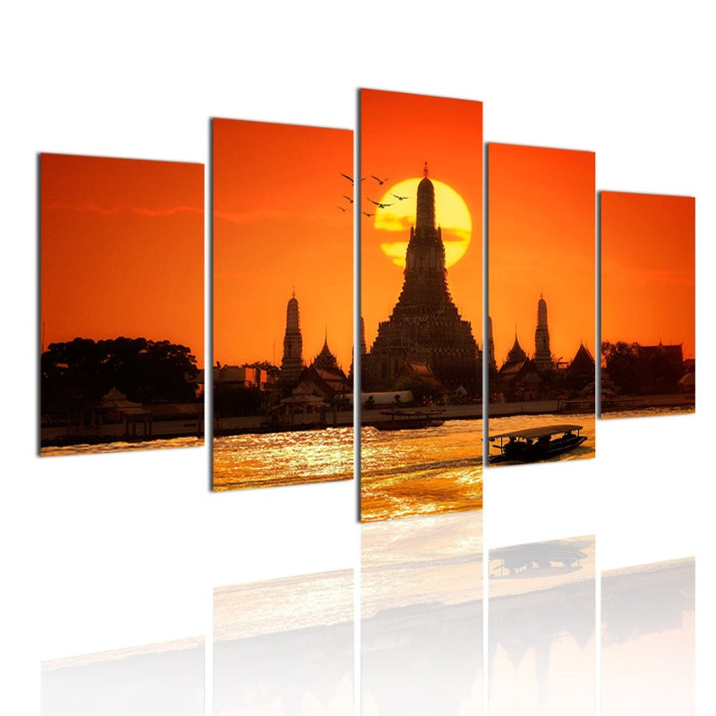 Stunning 5-Piece Canvas Art of the Sunset Temple in Bangkok