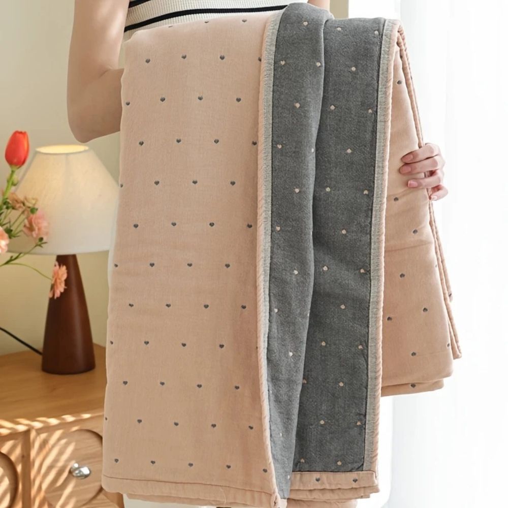 Charming Heart-Embroidered Cotton Blend Throw Blanket