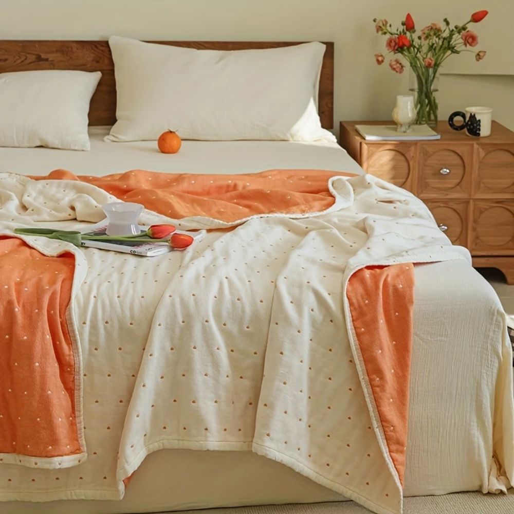 Charming Heart-Embroidered Cotton Blend Throw Blanket