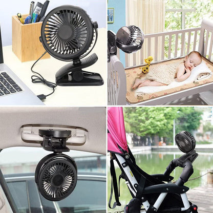 360° Rotating Battery-Powered USB Clamp Fan – Portable Design