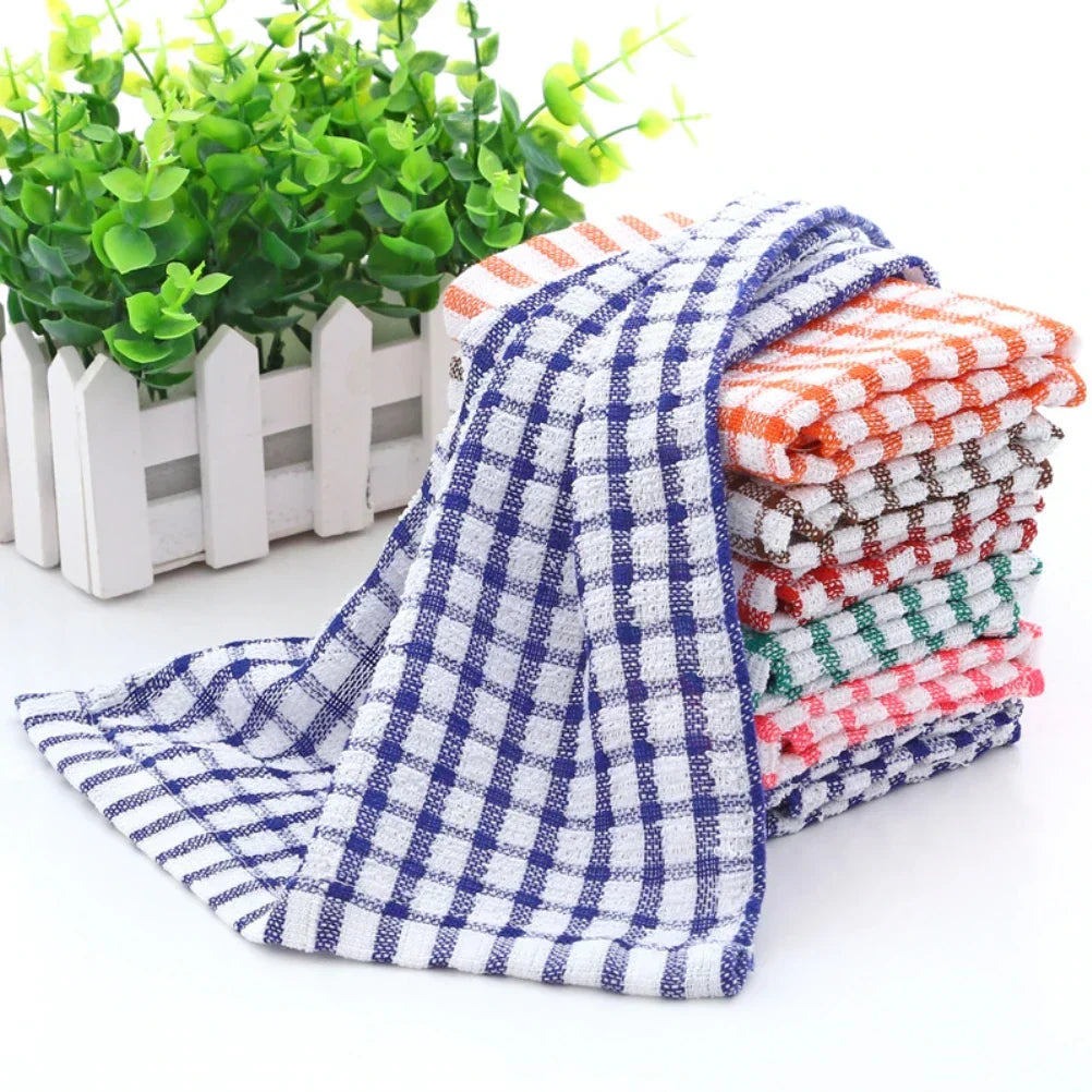 Set of 6 Absorbent Cotton Dish Towels with Plaid Design, Machine Washable