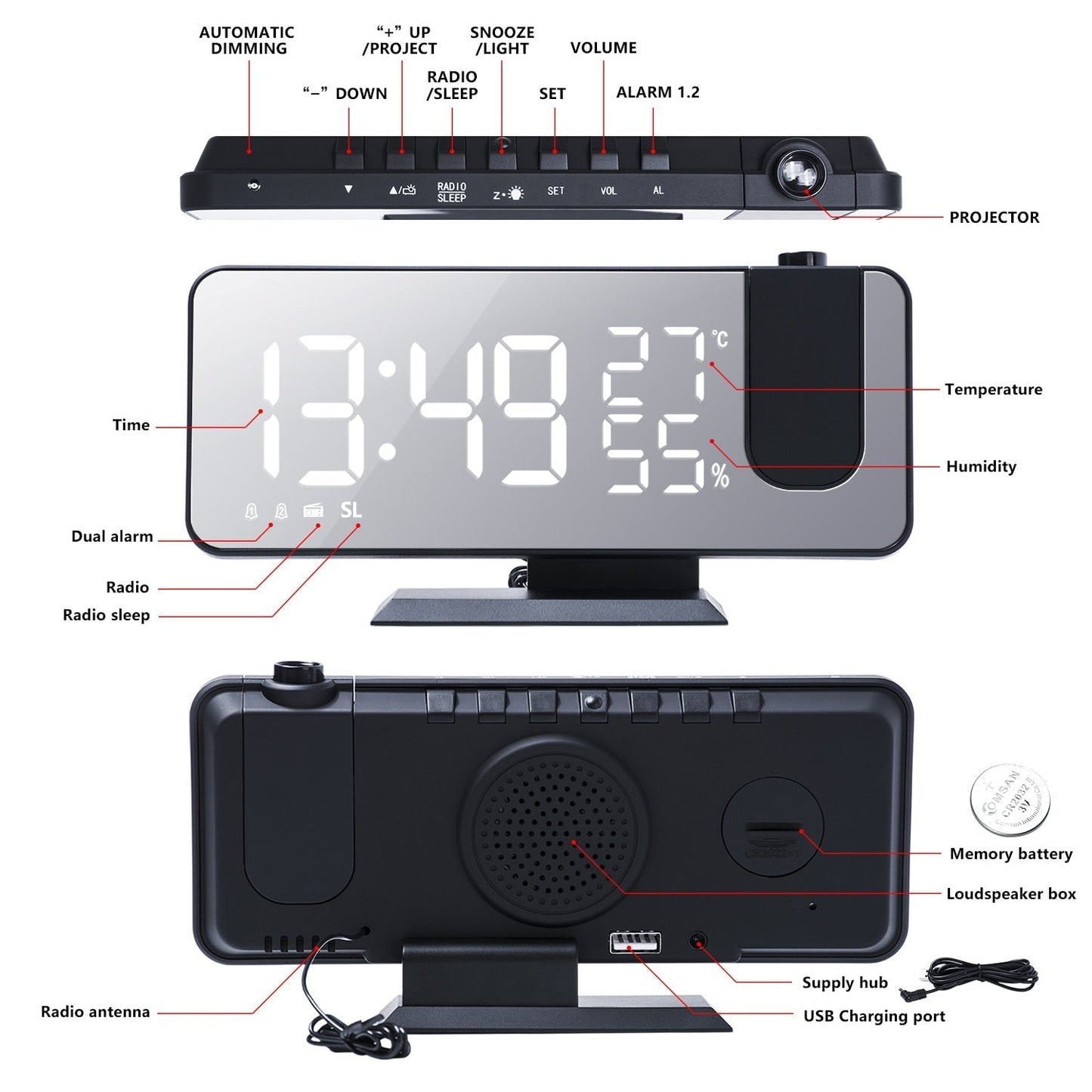 LED Projection Alarm Clock with 180° Display