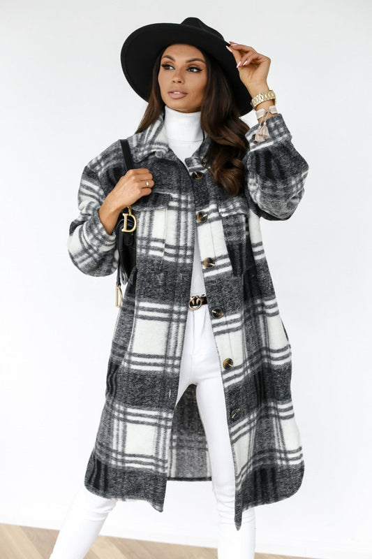 Chic Checkered Long Wool Overcoat for Effortless Style