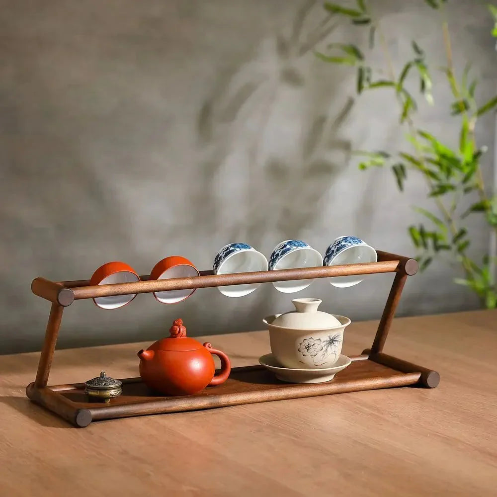 Elegant Wooden Display Rack for Tea and Tableware