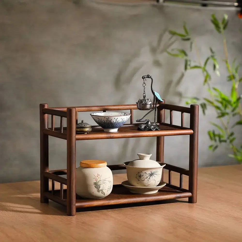 Elegant Wooden Display Rack for Tea and Tableware