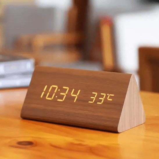 Natural Wood LED Alarm Clock with Voice Control & Temperature