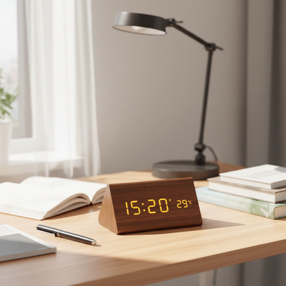 Natural Wood LED Alarm Clock with Voice Control & Temperature