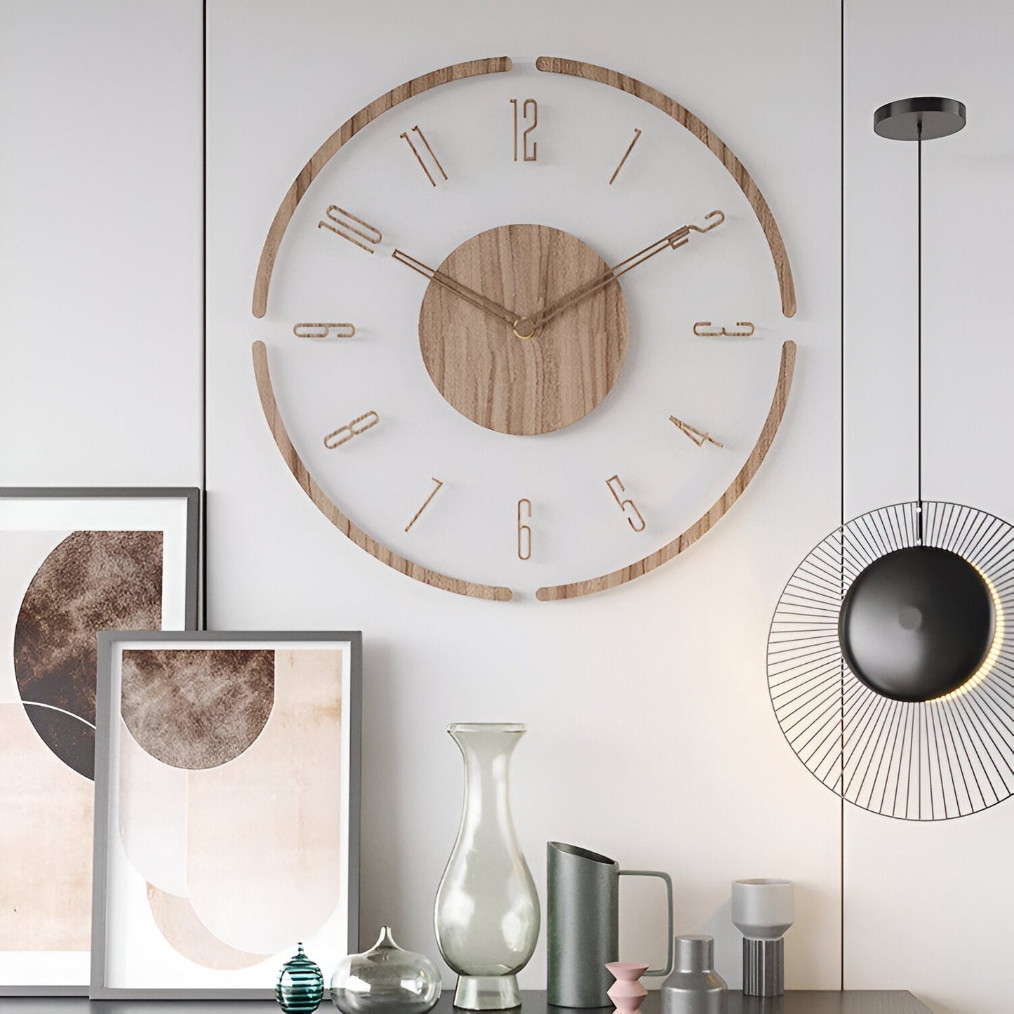 Transparent Wall Clock with Wooden Accents – Silent Quartz Movement