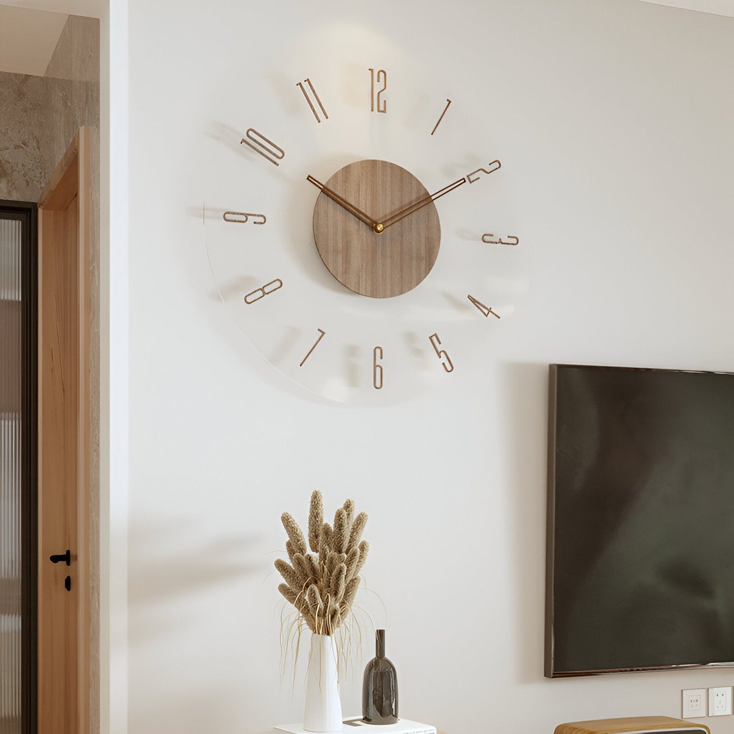 Transparent Wall Clock with Wooden Accents – Silent Quartz Movement