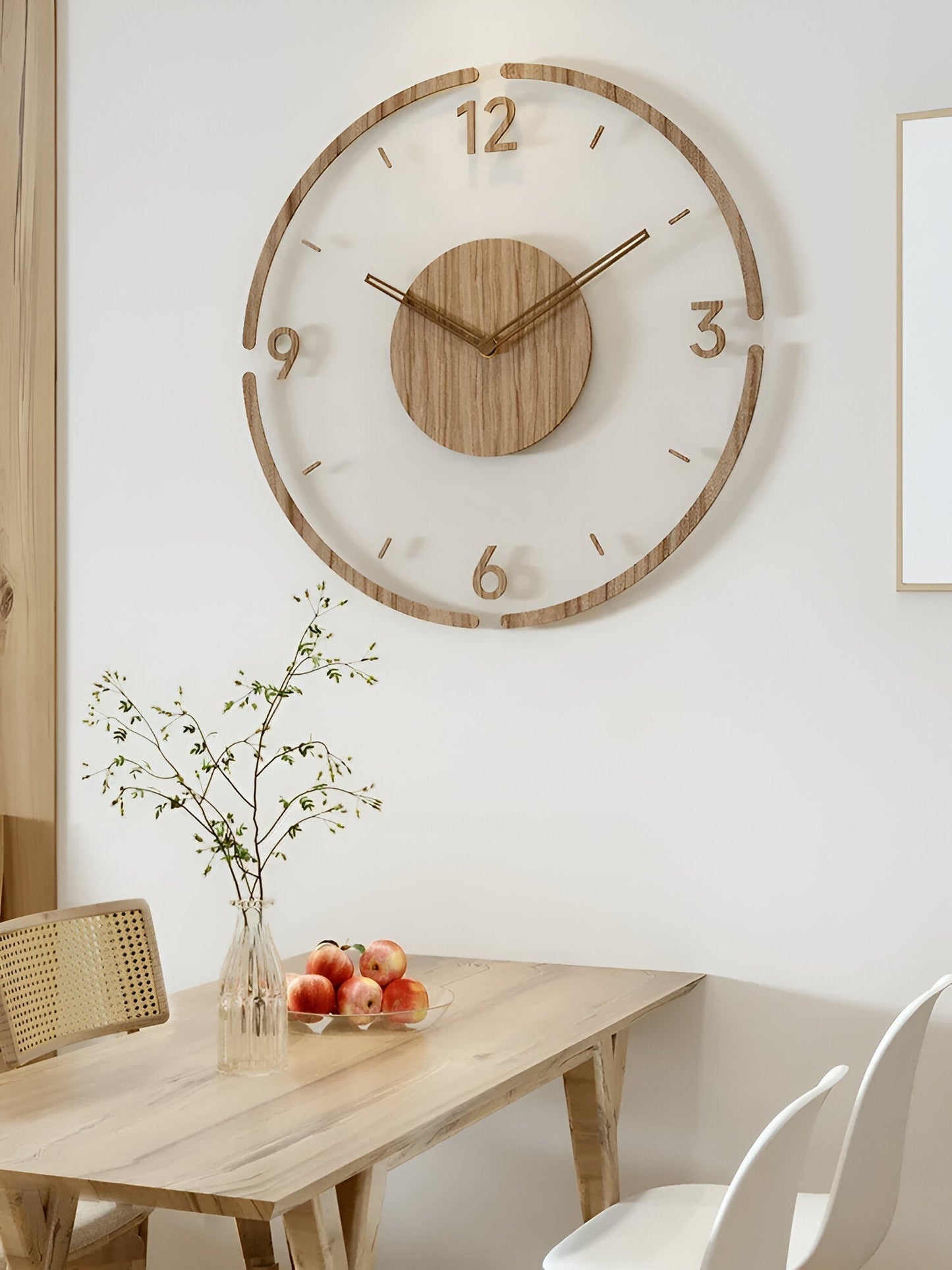 Transparent Wall Clock with Wooden Accents – Silent Quartz Movement