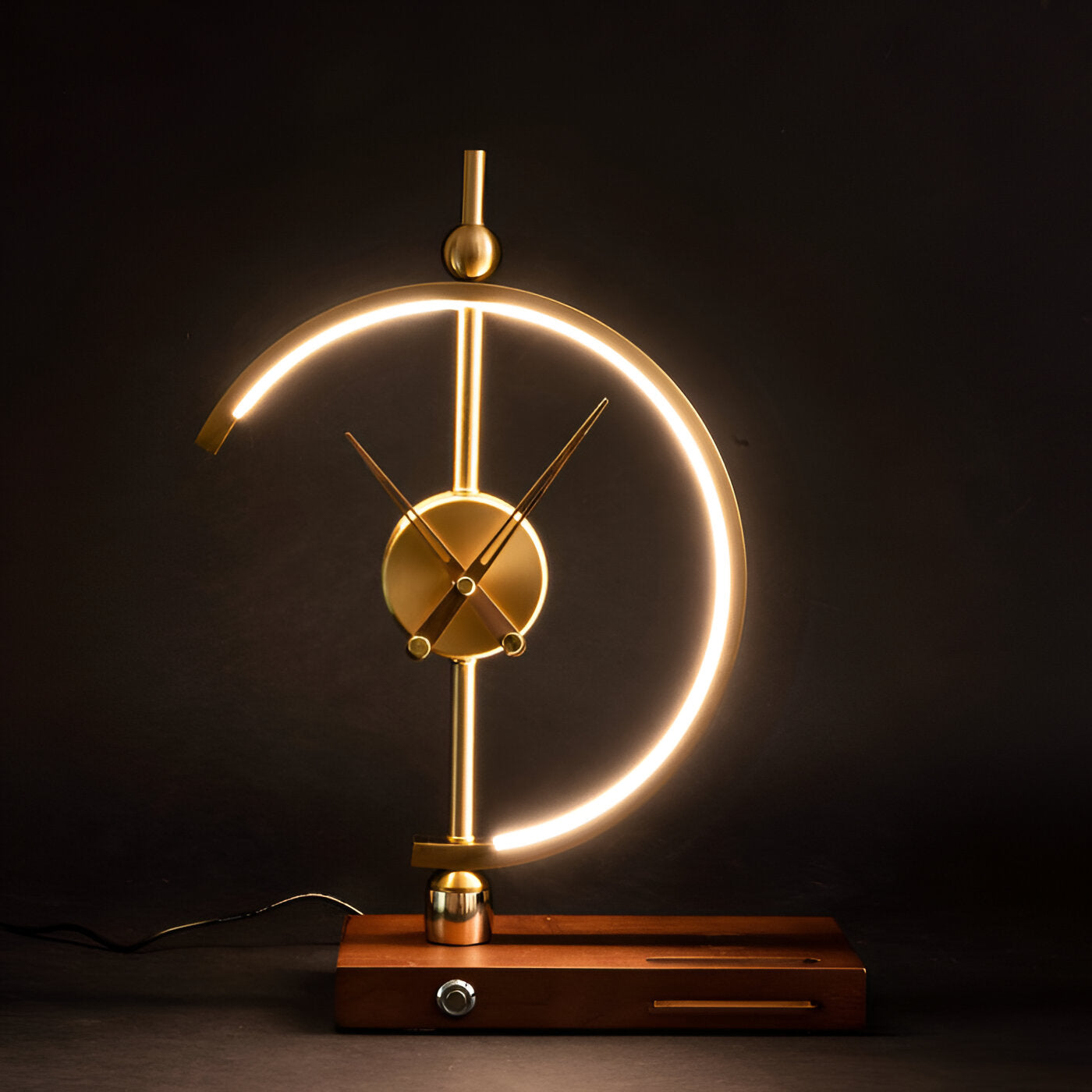 Geometric LED Table Lamp with Wireless Qi Charging and Gold Time Display