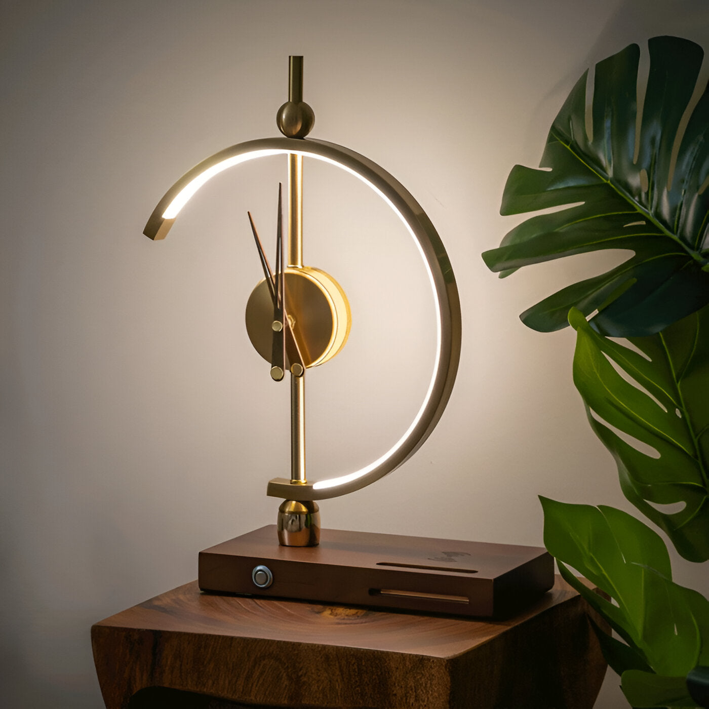 Geometric LED Table Lamp with Wireless Qi Charging and Gold Time Display
