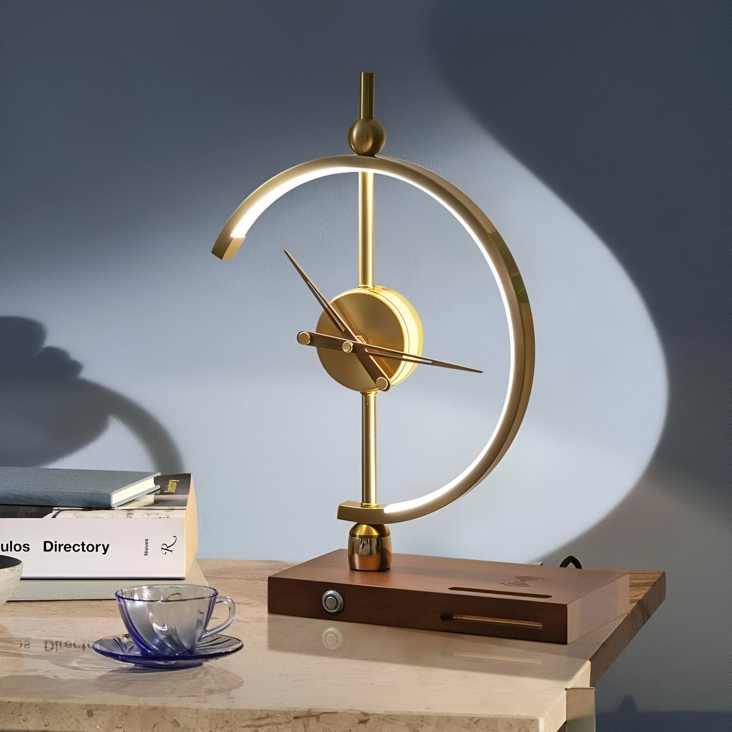 Geometric LED Table Lamp with Wireless Qi Charging and Gold Time Display
