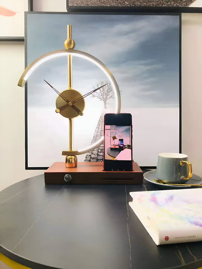 Geometric LED Table Lamp with Wireless Qi Charging and Gold Time Display