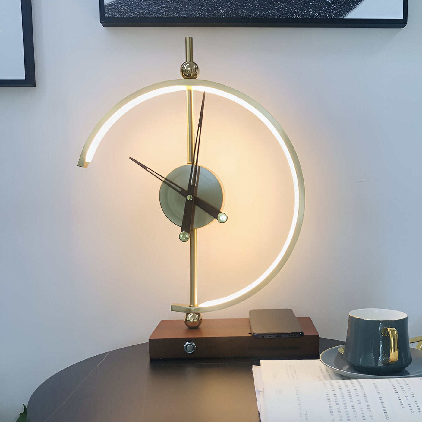 Geometric LED Table Lamp with Wireless Qi Charging and Gold Time Display