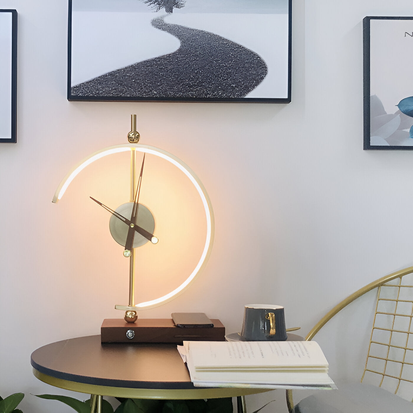 Geometric LED Table Lamp with Wireless Qi Charging and Gold Time Display